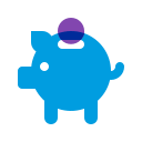 purple and blue icon of a piggy bank with a coin going in
