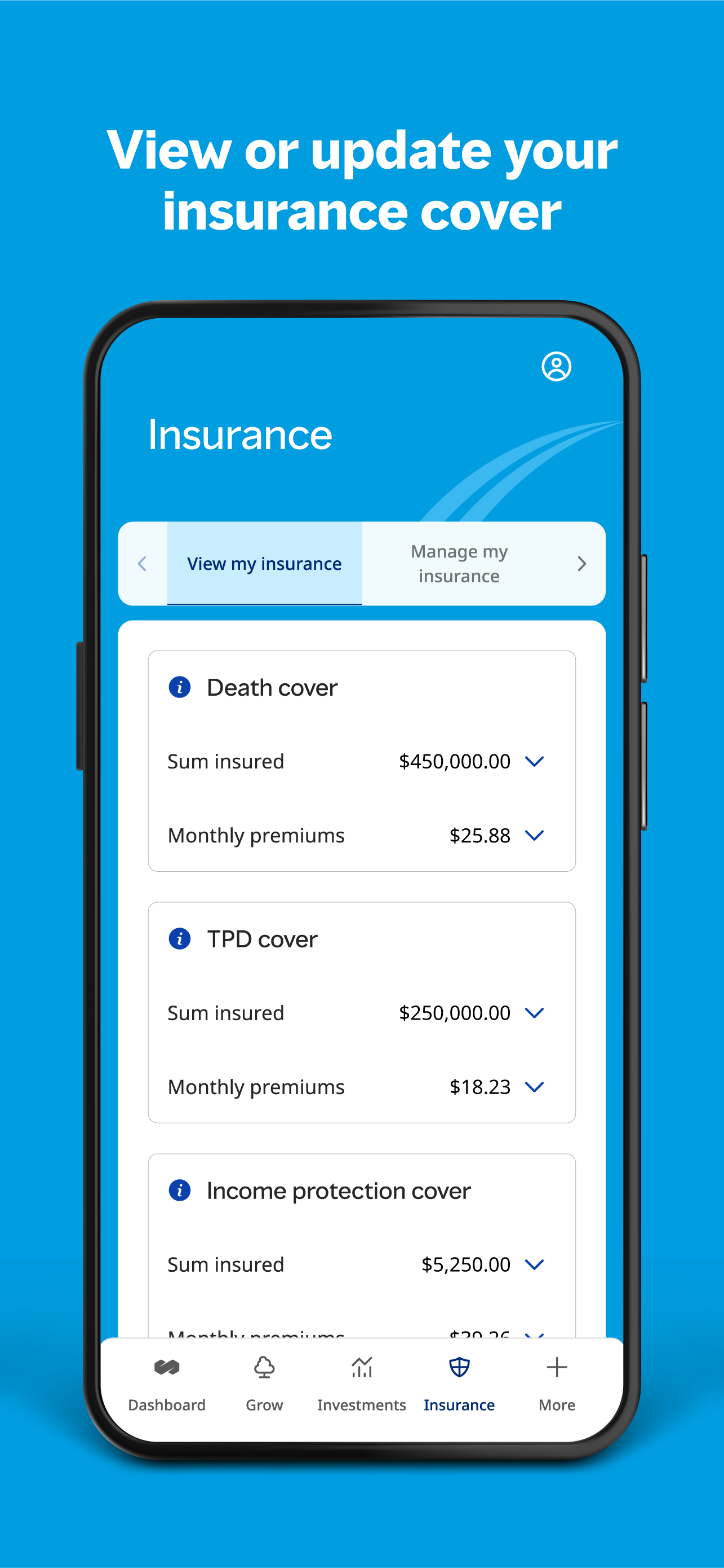 View of update your insurance cover, plus a screen of the insurance page in the app