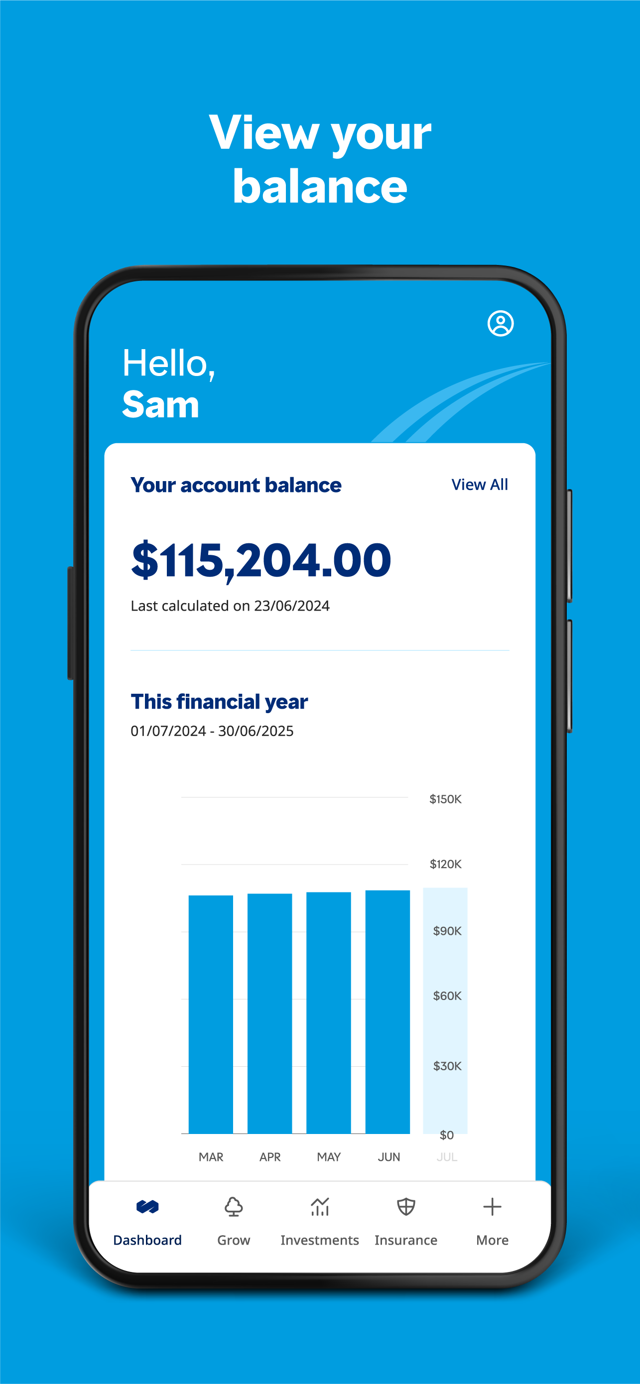 View your balance, plus a screenshot of the account balance screen in the app