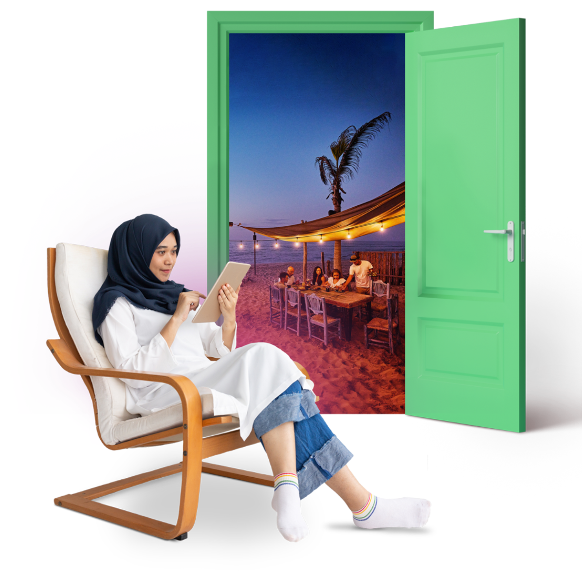 Woman relaxing on a chair with an electronic tablet, seated in front of a bright green, open door with a vision inside the door of her and her family enjoying dinner on a beach.