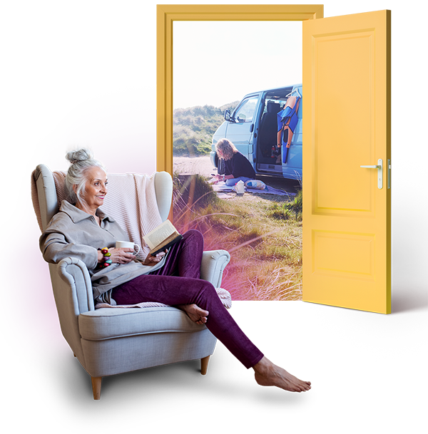 Photo of a mature-aged woman, enjoying a book on an armchair, with a bright yellow door behind her. The door is open to show a vision of her enjoying the great outdoors.
