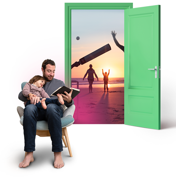 Image of a man and his daughter seated reading a book together. Behind them is a bright green, open door, revealing a vision of them playing a game of cricket on the beach.