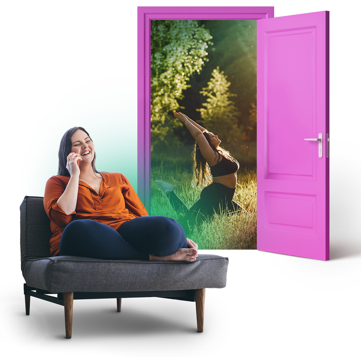 Young woman smiling, while speaking on the phone and seated in front of a bright pink door that is open to a vision of herself practising yoga outdoors.